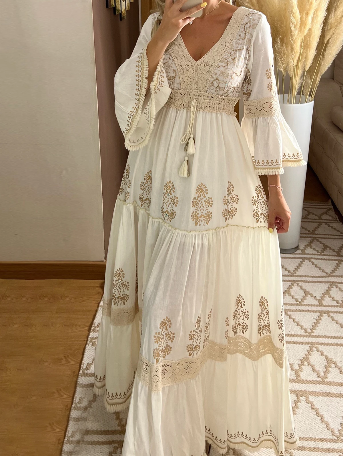 Mulheres outono casual vestido longo floral impressão renda com decote em v vestido de manga longa moda férias maxi vestido elegante clássico