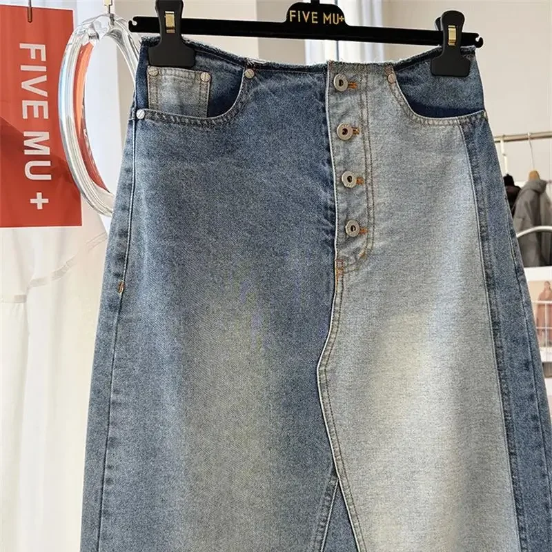 ใหม่ Retro Patchwork DENIM กระโปรงผู้หญิงแฟชั่นเอวสูง Casual กระโปรง High Street A-Line ปุ่มยาว Jupe