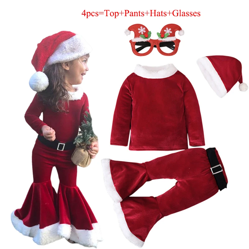 

2024 Girls Christmas Cosplay Long Sleeve Bell Bottom Velvet Suit Carnival Party Santa Claus Costume For 2-10 Years