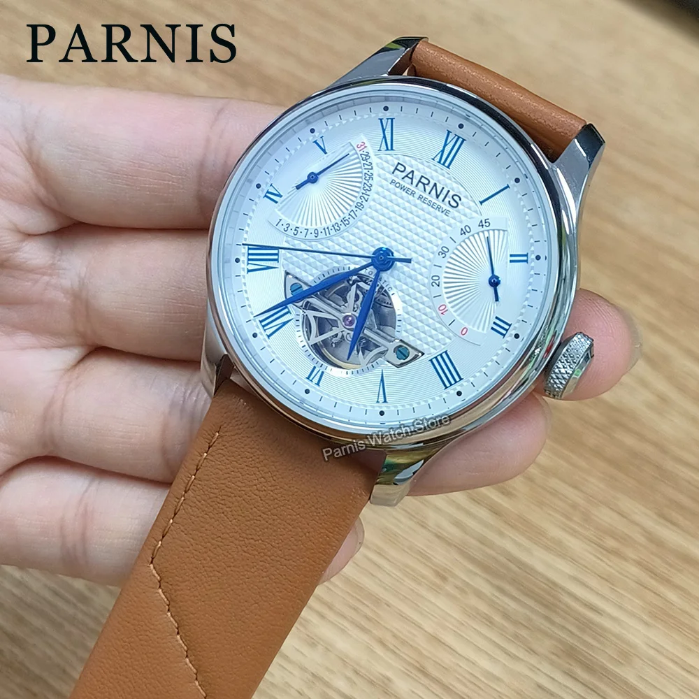 Parnis 43mm Automatic Power Reserve Men Boy Watch Flywheel Dial Genuine Brown Leather Strap