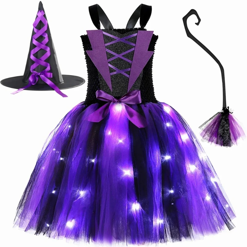 Halloween Witch Costume for Kids LED Light Up Wicked Witch Cosplay Tutu Dress Outfit Toddler Girls Fancy Carnival Party Dresses