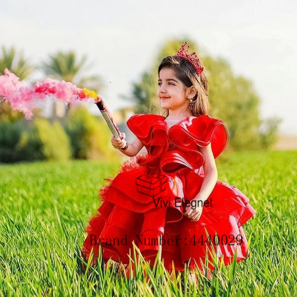 Red Flower Girl Dresses 2023 Summer Sleeveless Tiered Wedding Party Gowns with Ruffy Knee Length فساتين اطفال للعيد New