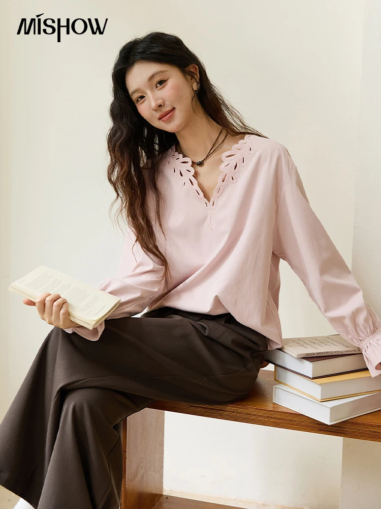 

MISHOW женская элегантная блузка, осень 2022, розовая блузка во французском стиле с v-образным вырезом, свободный топ с длинными рукавами MXE48X2502