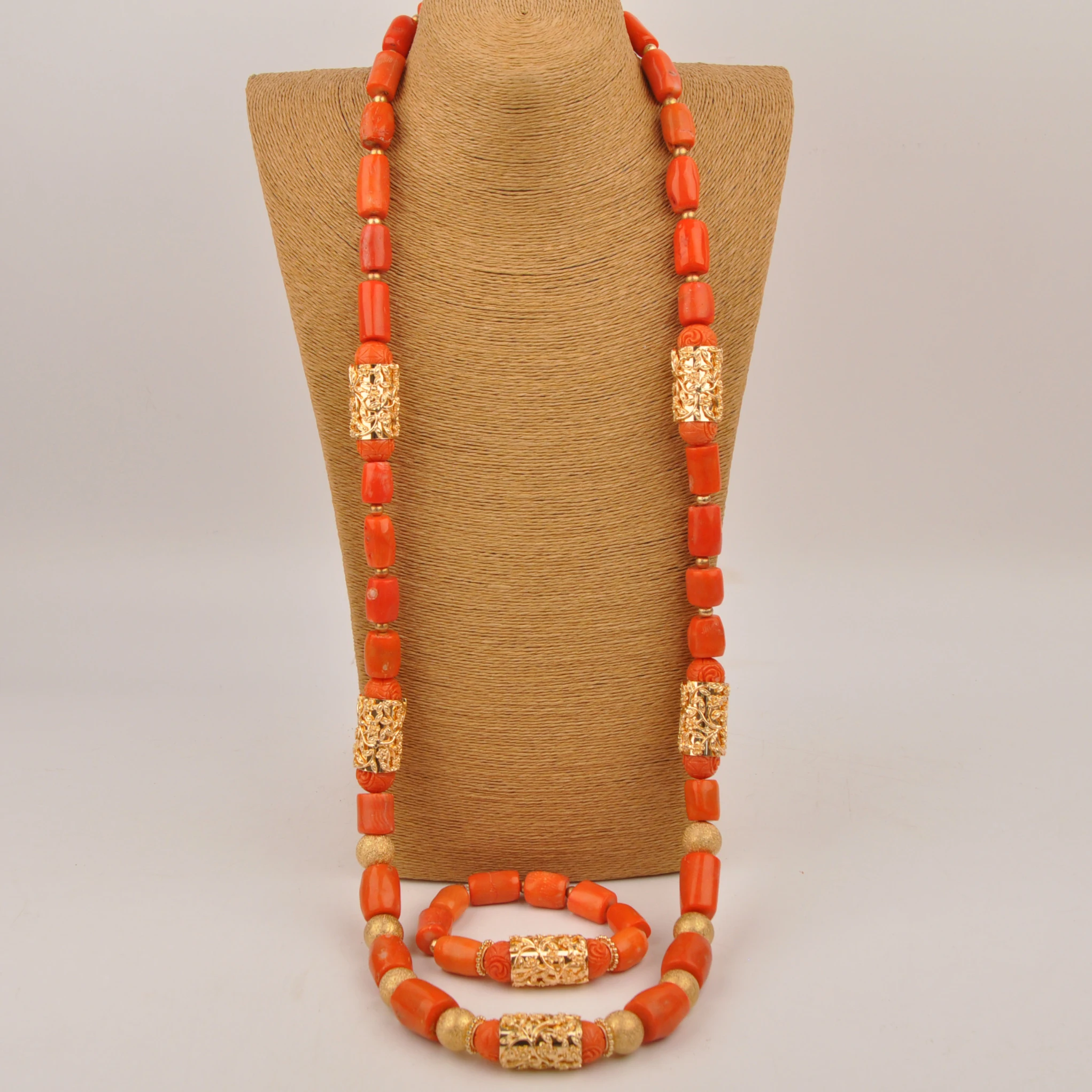 Jewelry Orange fashion Nigerian wedding couple natural coral bead African necklace set