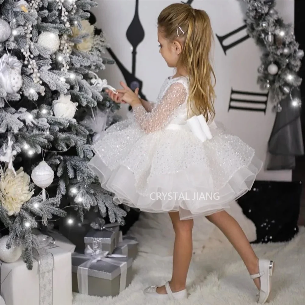 Classy Short White Shiny Jewel Tulle Flower Girl Dresses Long Sleeves with Bow Ball Gown Knee Length платье для девочки