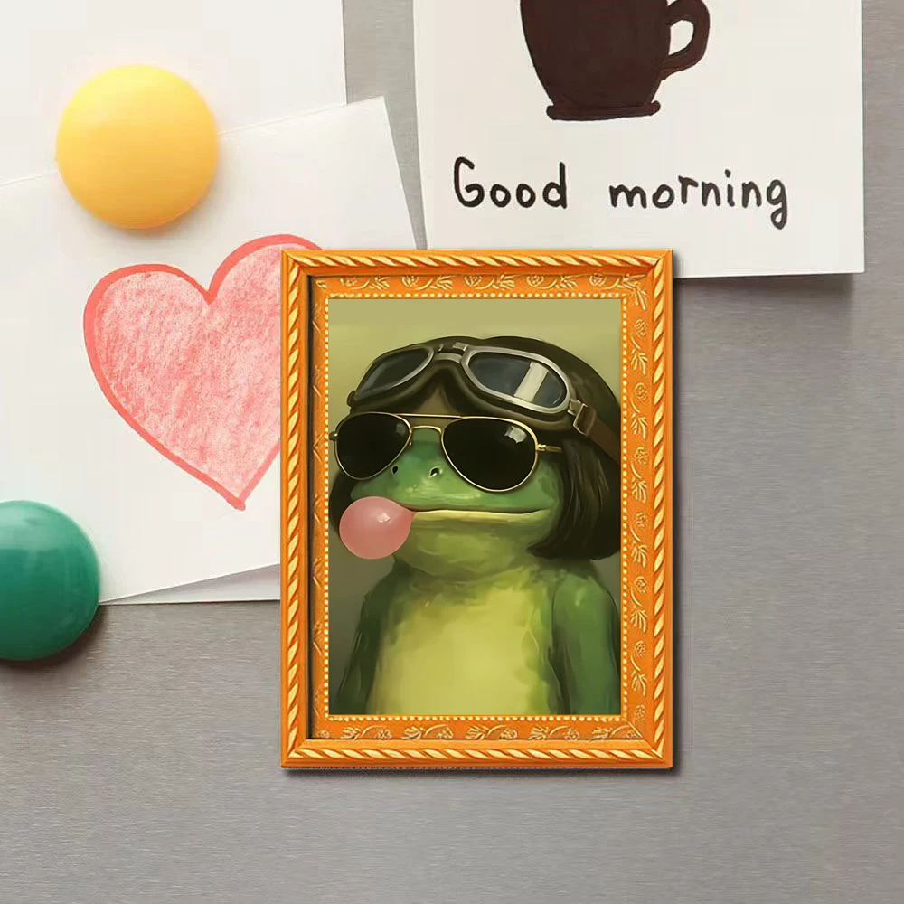 1 Stück Retro-Ölgemälde-Stil Piloten-Frosch-Kühlschrankmagnet, Sonnenbrillen-Kaugummi-Magnet-Dekorationsaufkleber, personalisierter Küchen-Nachrichtenmagnet, ausgefallener