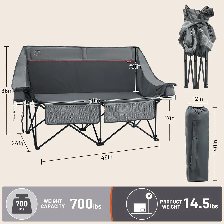 كرسي تخييم مزدوج ساخن بوزن 700 رطل، أريكة تخييم قابلة للطي للاستخدام الخارجي عالي التحمل مع راحة ومتانة معززة، مثالية للخارج