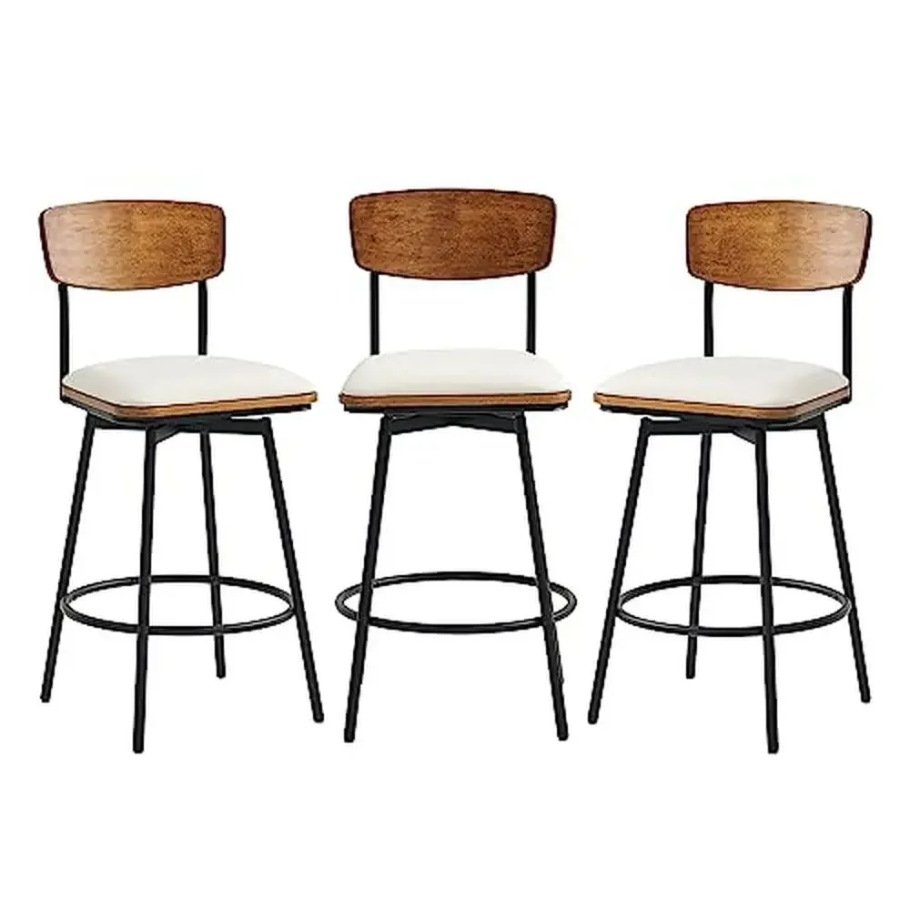 

Swivel Bar Stools Fabric Upholstered Set of 3 Metal Wood Cream 27" Seat Height