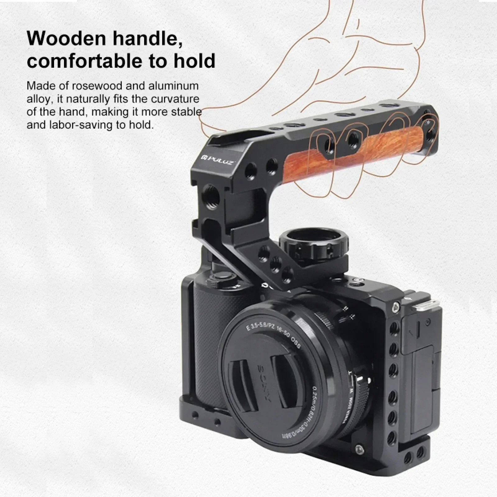 Wooden Top Handle Camera Rabbit Cage Expansion Accessories 1/4 and 3/8 inch Screw Hole with 3 Cold Shoe Mount Camera Grip