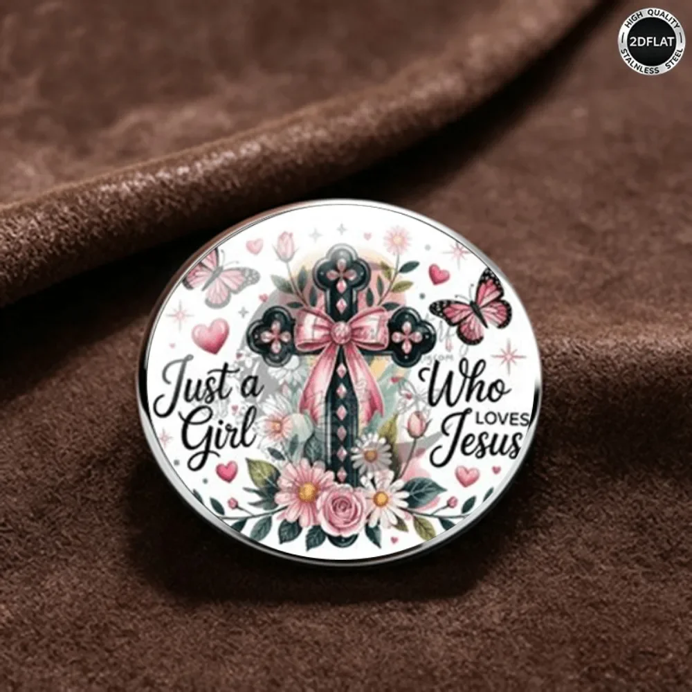 6-20Pcs 2D Flat Lapel Pin,Stainless Steel Brooch,Pink Floral Butterfly Cross Pattern,Decorative Badge,Faith‑themed Souvenir Gift