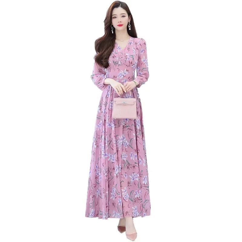 2024 Muslim dresses Spring New Arrival V Collar Vestidos De fiesta Flower Printed Long Sleeve Chiffon Long Beach Dress Robe