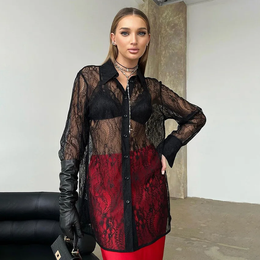 

Sexy Black Lace Shirt Women 2026 New Spring Summer Hollow Out Style Lapel Top Long Sleeve Chic Straight Single Breasted Shirt