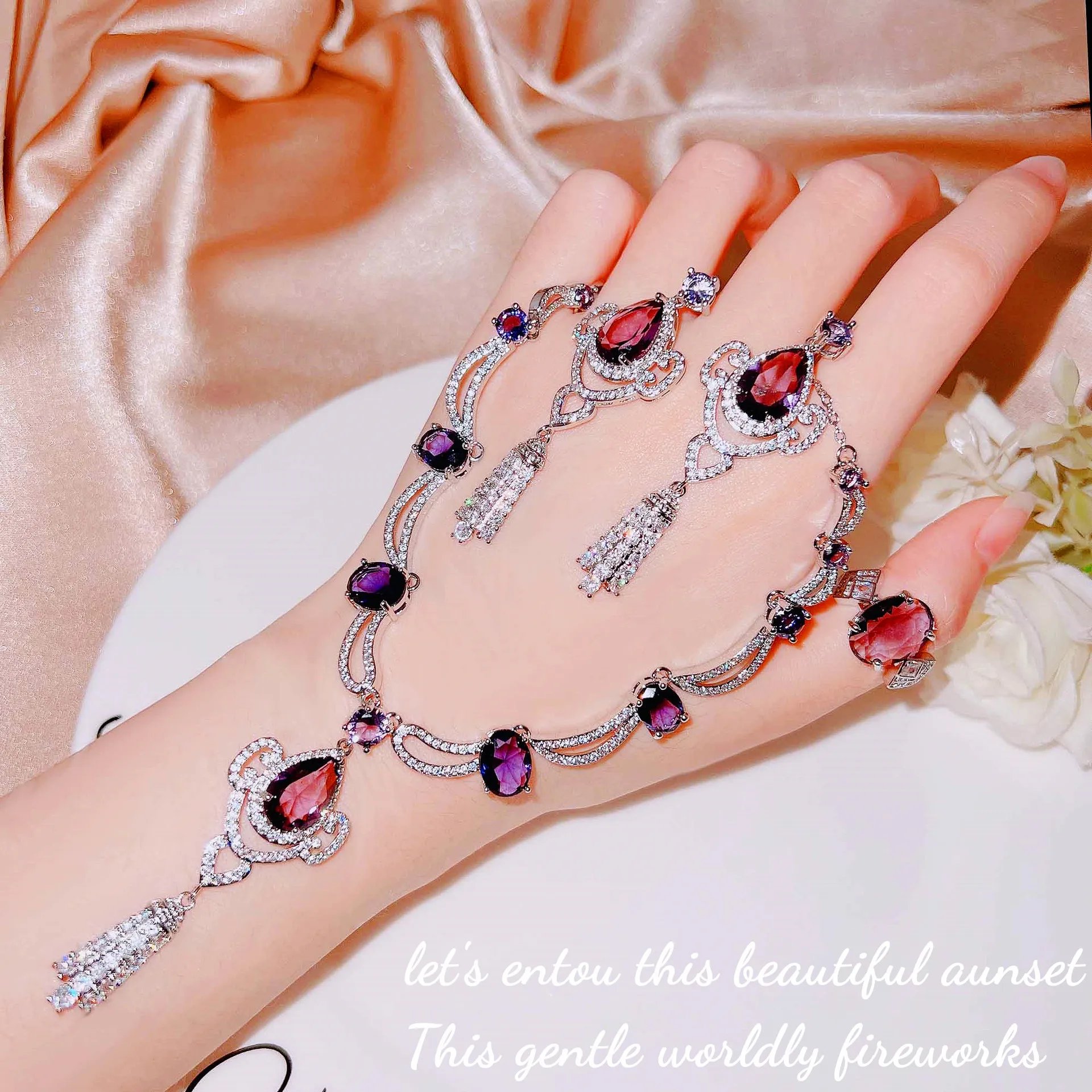S925 Sterling Silver Necklace New Atmospheric Purple Diamond Tassel Necklace Full Diamond Earrings Open Ring Set Women