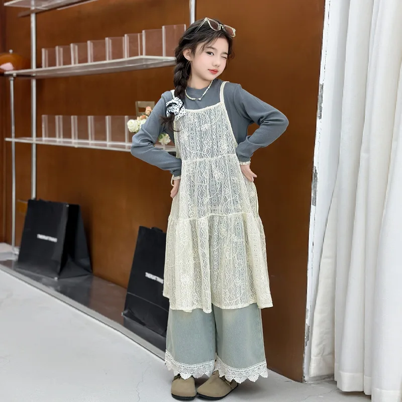 

2025 Korean Autumn Kids Girls 3pcs Suits Lace Sleeveless Dress+Round Neck T-shirt+Patchwork Bootcut Jean Children Girls Outfit