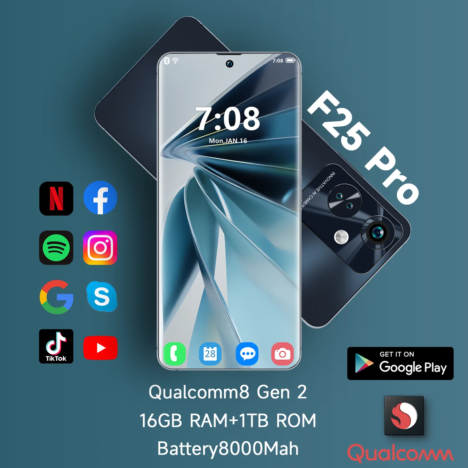 

Global Version F25 Pro Smartphone Snapdragon8 Gen 2 16G+1TB 8000mAh 64+100MP 4G/5G Network Android Cellphone Two Sim Card