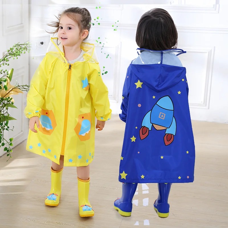 90~145 cm kids polyester children boys girls cartoon hoodies raincoat primary school rainwear kid students poncho with hat