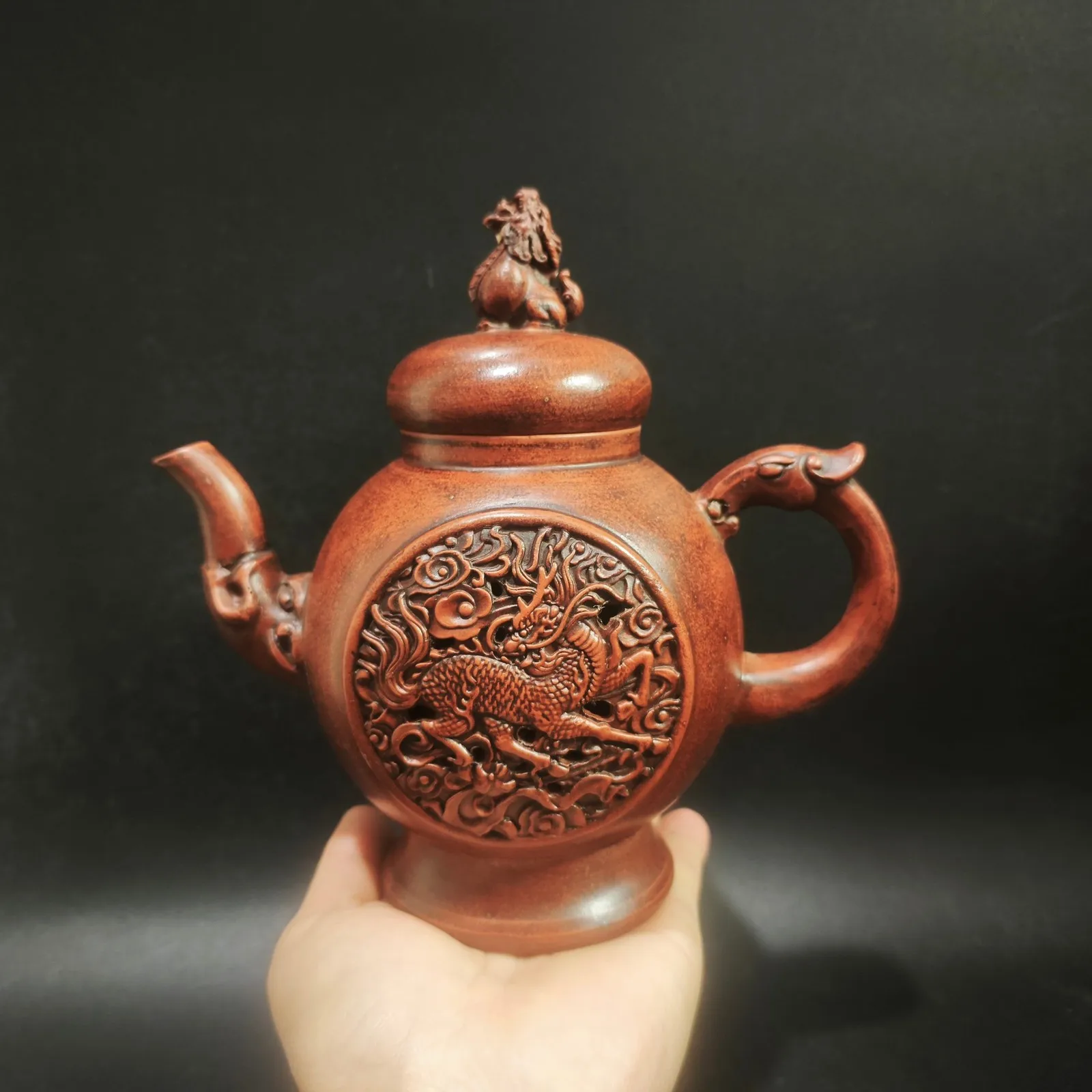 Sculptured Qilin Zisha Teapot 400cc Yixing Mythical Creature Antique Artistry