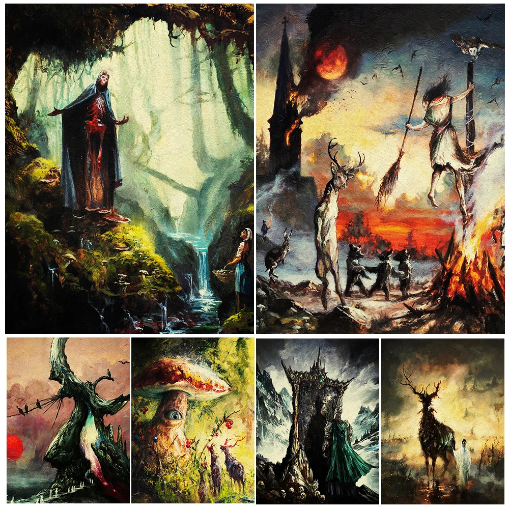 

Witchcraft And Magic Fantasy Art,Poster Print,Home Decor,The Dead Soldiers,White Robe Wizard, Witch And Bonfire, Gothic Wall Art