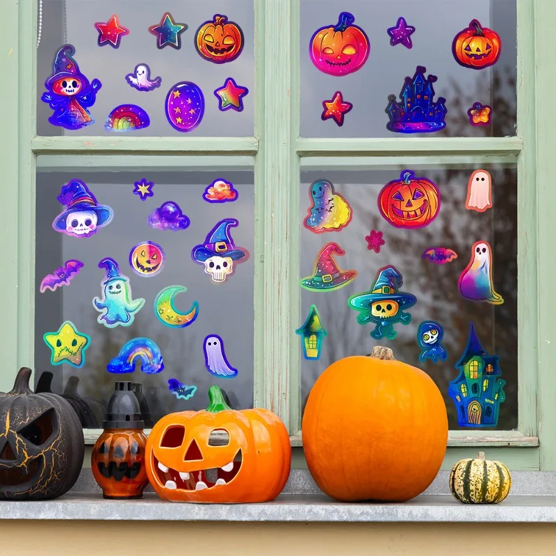 Halloween Pumpkin Window Stickers Cartoon Candy Static Sticker Black Cat Ghost Festival Happy Halloween Day