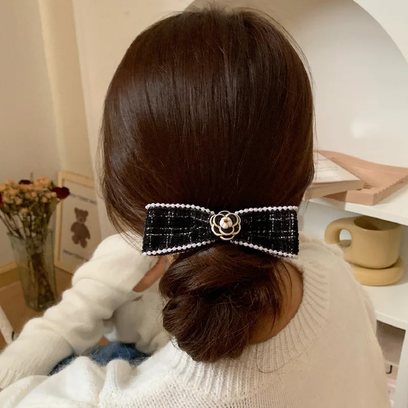 Elegant Tweed Camellia Bow Hairpin for Women Duckbill Clip Retro Headdress Hairgrips Back Head Party Vintage Hair Accessories