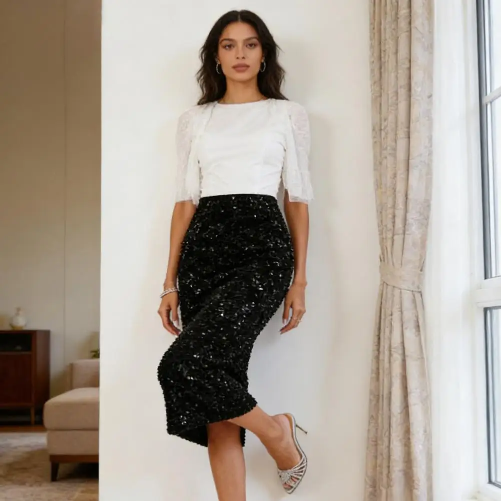 Solid Color Sequin Midi Skirt, Women High Waist Slimming Leg Shape Skirt For Work Party Daily Wear