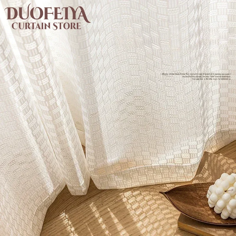

Modern Simple Plaid Gauze Curtain Sun Protection Grace Fashion Jacquard Curtain for Living Room Bedroom Dining Study Custom Size