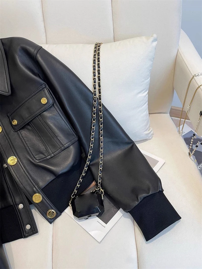 Chic Black Lapel Women Jacket Gold Buttons Flap Pockets Moto Short Coat Cropped Ribbed Trim Y2K Biker Streetwear Outerwear Top