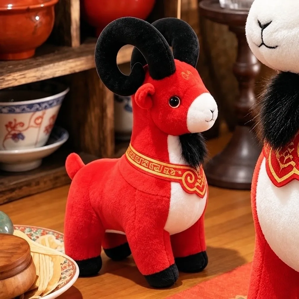 Standing Leader Goat Plush Traditional Stuffed Zodiac Ram Doll Vibrant Realistic Chinese New Year Goat Home Decor