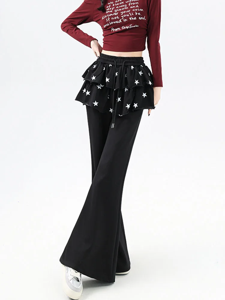 Vintage Harajuku Wide Leg Pants Women Star Ruffles Butt Curtain Patchwork Trouser Loose Casual Fake Two Piece Sports Flare Pants
