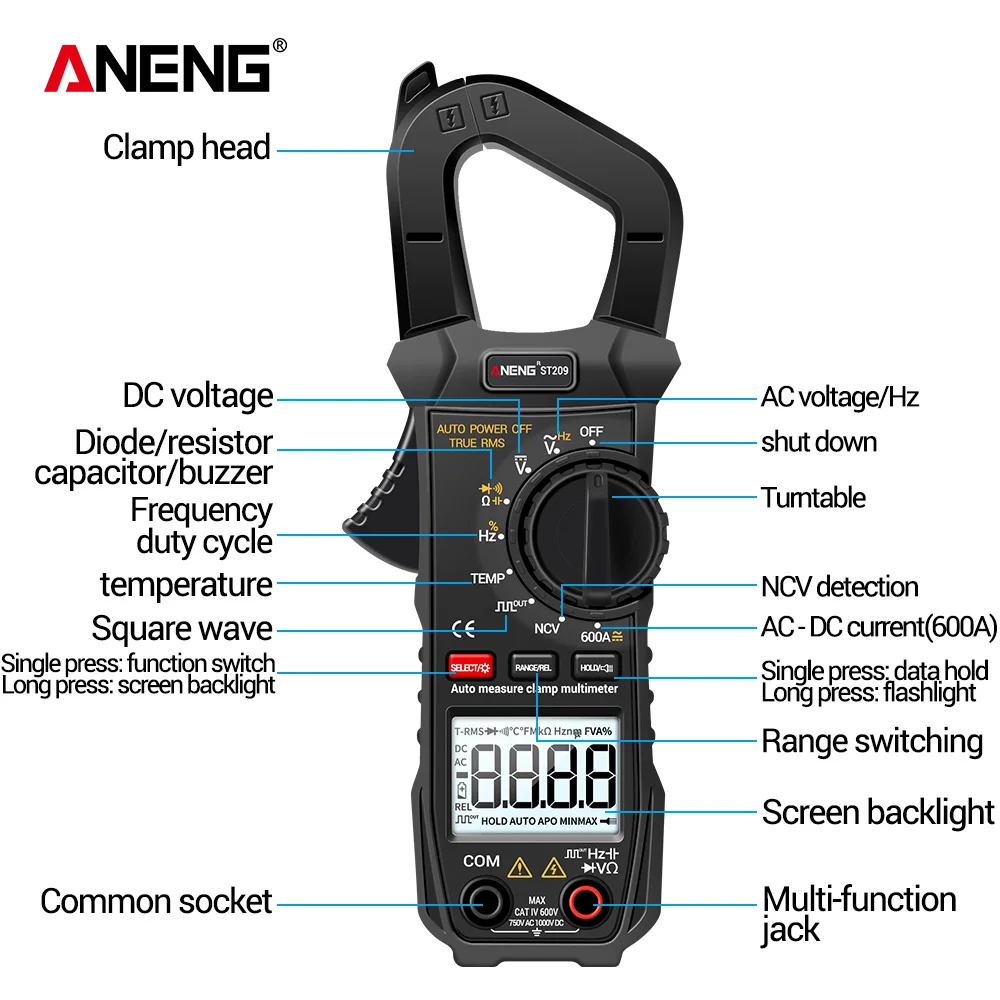 ANENG ST209 Digitalmultimeter, Zangenmessgerät, 6000 Zählungen, True RMS Amp, DC/AC-Stromzangentester, Messgeräte, Voltmeter, 400 V, automatische Reichweite