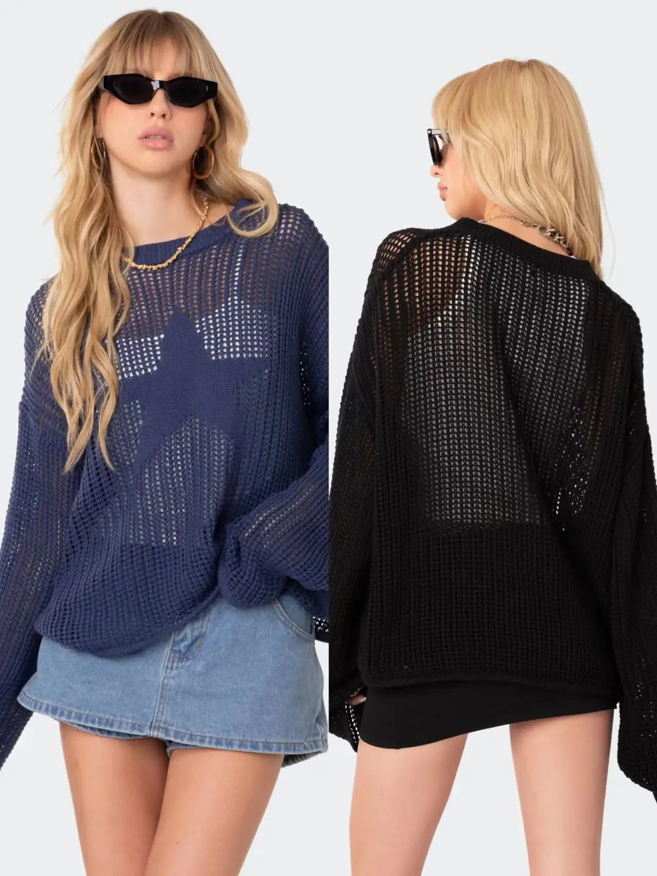 

Свитер женский Edikted American Style Rock and Roll, очень свободный, с эффектом потертости, рваными элементами, вязаный, с дырками, с узором в виде звезд, очень большой размер, повседневный, для города