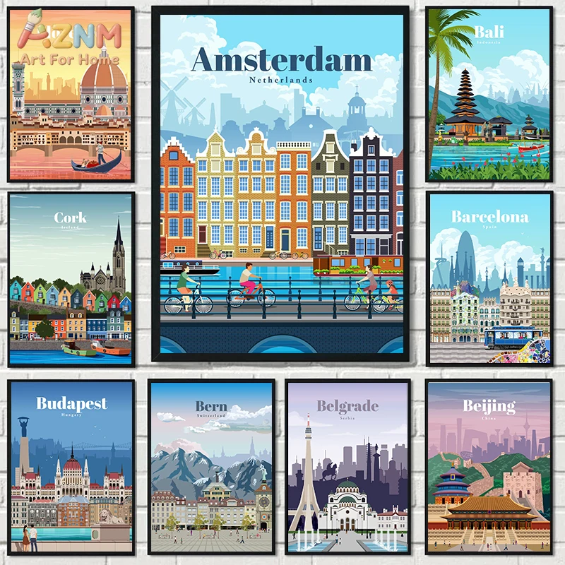 AZNM Vintage World City Travel Poster Canvas Wall Art, Retro Amsterdam Florence Bali Barcelona Beijing Landmark Print, Frameless