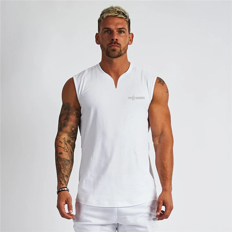 Compression Sleeveless T-Shirts Gym Clothing V Neck Fitness Mens Tank Tops Cotton Bodybuilding Stringer Singlets Workout Vests