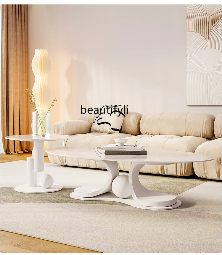 Cream Style Tea Table Combination Simple Modern Nordic Designer Special-Shaped Light Luxury Stone Plate Tea Table Silent Style