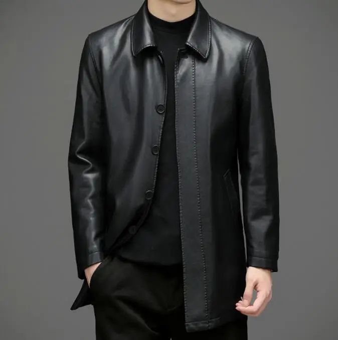 

Classic Black Long Genuine Leather Jacket Men Autumn Winter Fashion Turn-down Collar Midi Long Plush Warm Men's Leather Jacket