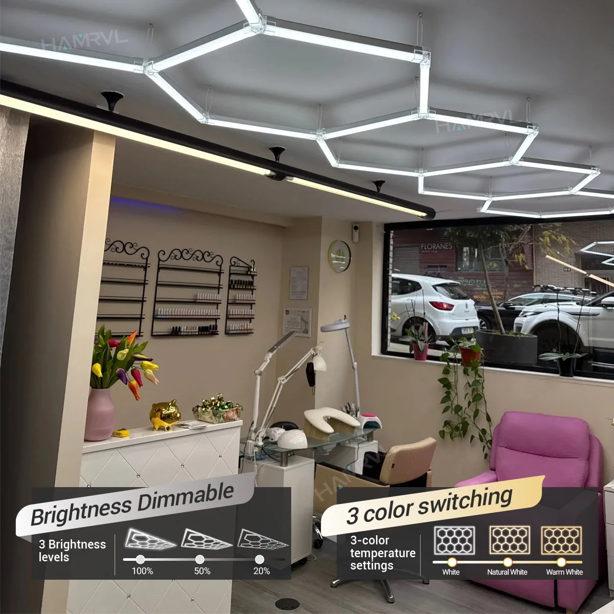 Hexagon LED Lighting for Barbershop Hair Salon Garage Ceiling Light Dimmable 6000/4000/3000K Color Change HoneycombTube Workshop