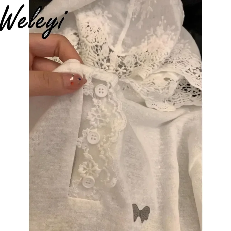 American Sweet Girl Splicing Lace Hooded White Tops Women Student 2024 Fall New Cute Loose Long Sleeve Sunscreen Blouse Female