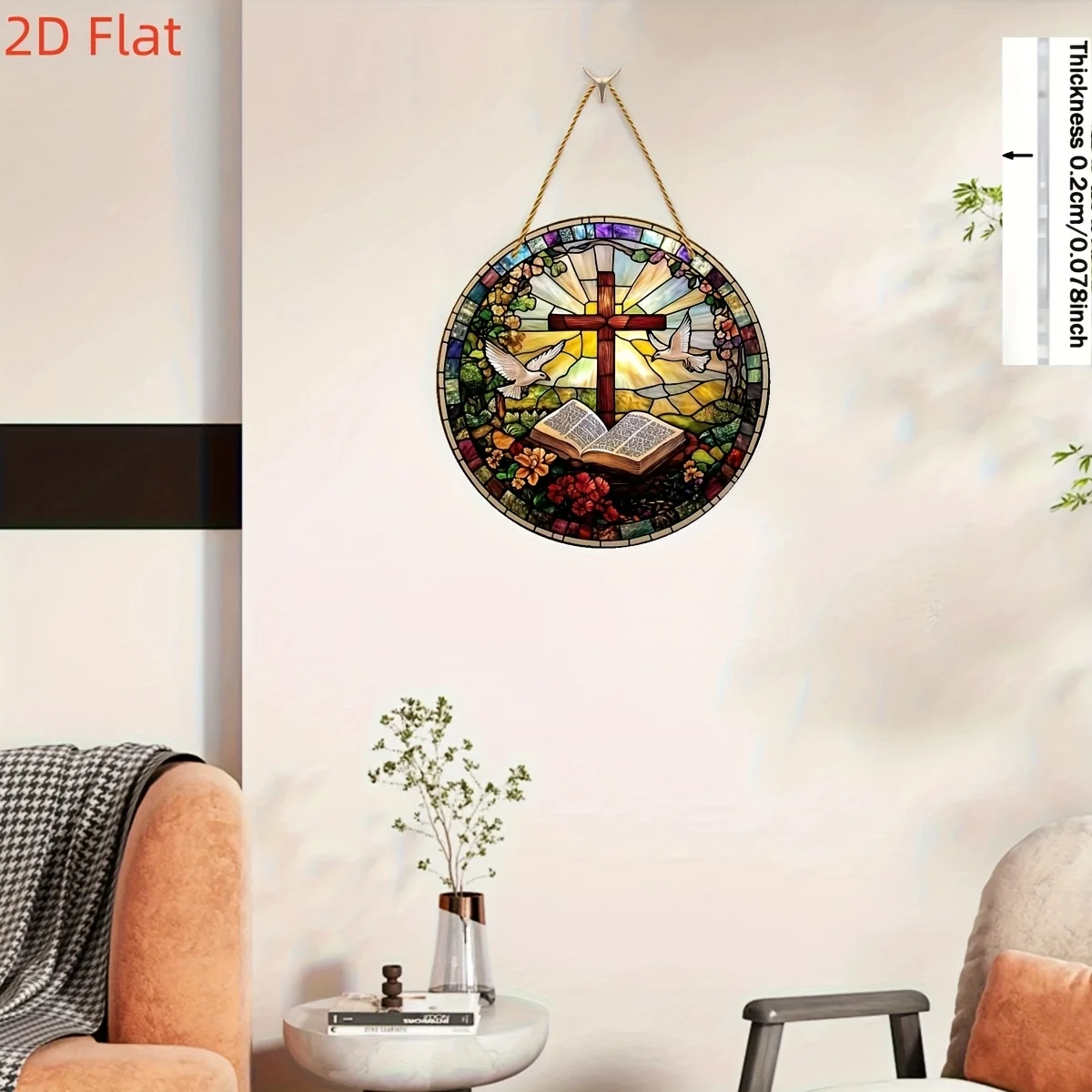 2D Flat, 2D Flat Crystal Sun Catcher with Cross and Dove - Religious Theme, Wall Hanging, No Electricity Needed, Ideal for Easte