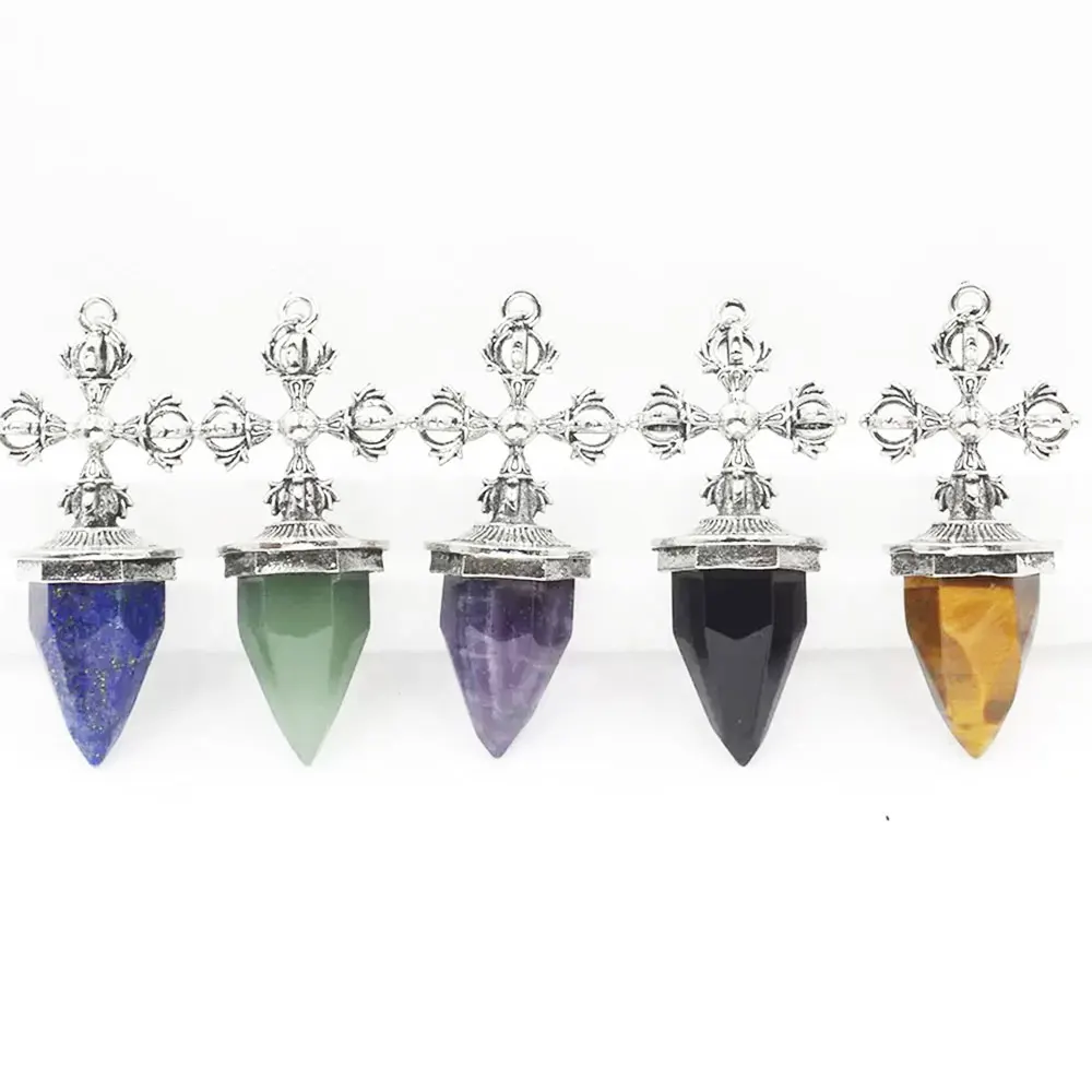 Cross Charm Rock Crystal Pendulum for Divination Dowsing Amethysts Tiger Eye Green Aventurine Healing Pink Quartz Pendulo X444