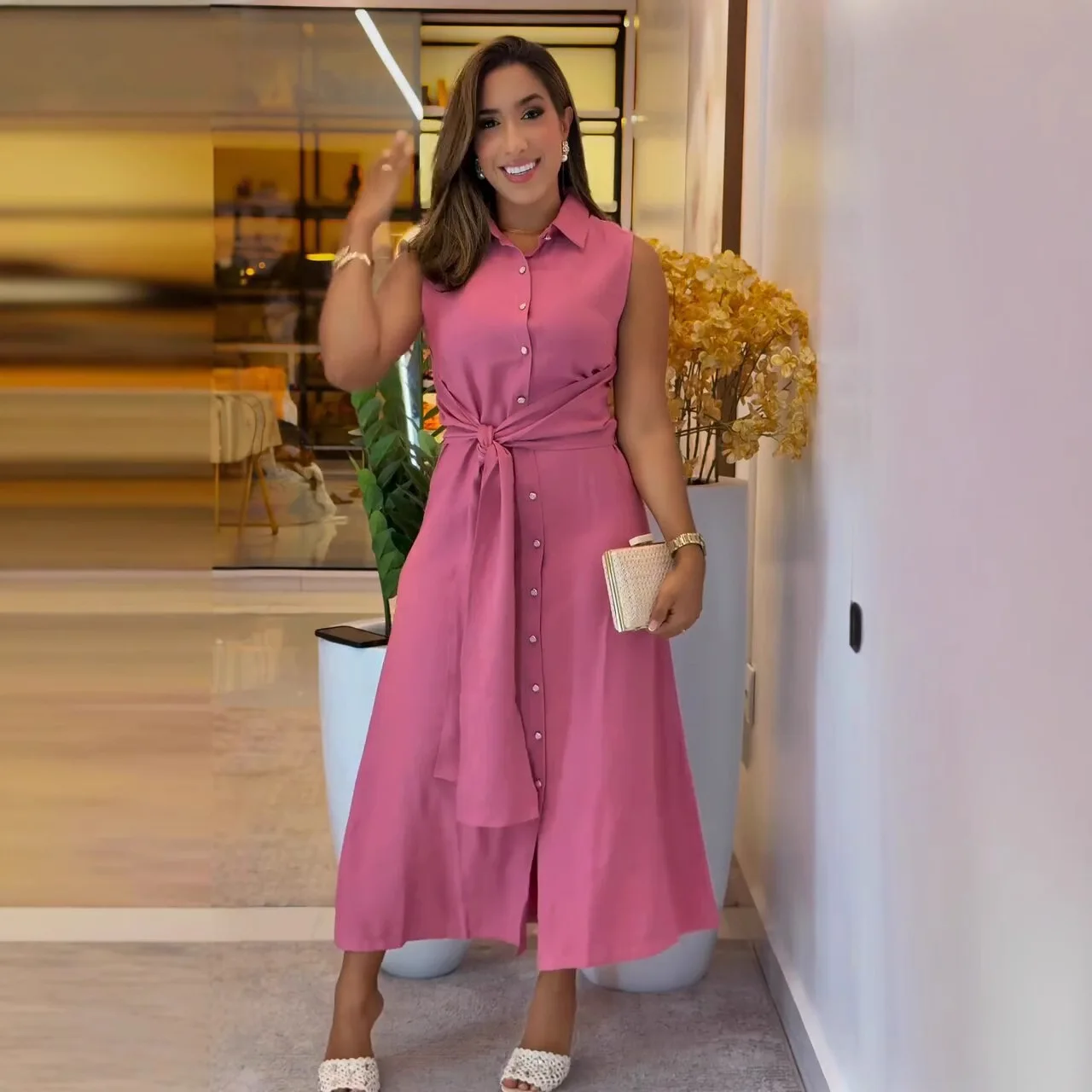 2025 moda feminina casual na moda cor sólida turn-down colarinho manga curta único breasted tornozelo comprimento camisa vestidos femininos