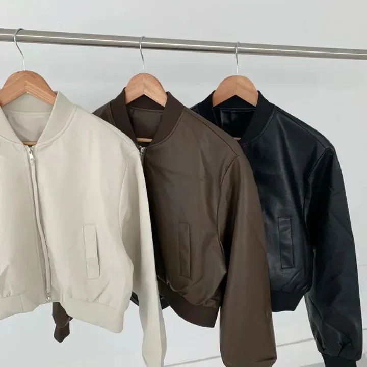 เสื้อแจ็คเก็ตหนังแท้ผู้หญิง ดีไซน์เก๋ ซิปคู่ สีพื้น ทรงเข้ารูป แขนยาว แฟชั่นเกาหลี สไตล์อเนกประสงค์