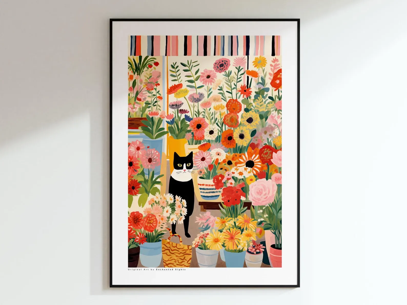 Black And White Cat Poster with Flowers - Cat Art Print Cat Illustration Floral Wall Decor Ideal Gift for Cat Lovers