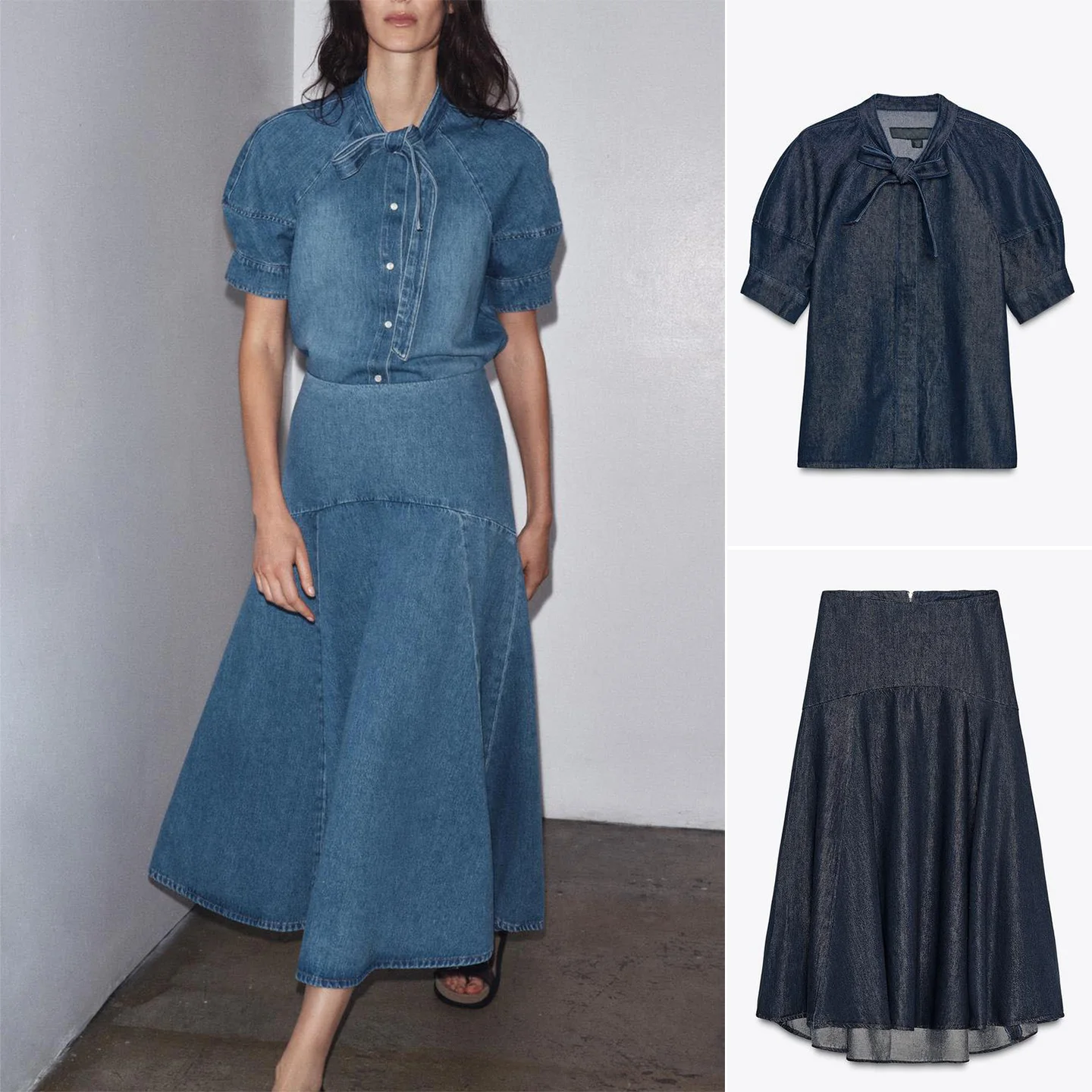 

Осенняя новая джинсовая юбка-миди трапециевидной формы, украшенная узлом, повседневная юбка со средней талией для женщин среднего возраста