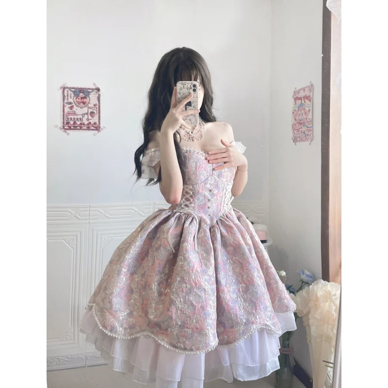 Victorian Vintage คอสเพลย์ Lolita Sweet Elegant Lace Ruffles Pearl Slim Bandage ชุดเจ้าหญิงหญิงน่ารักชุดมินิปาร์ตี้