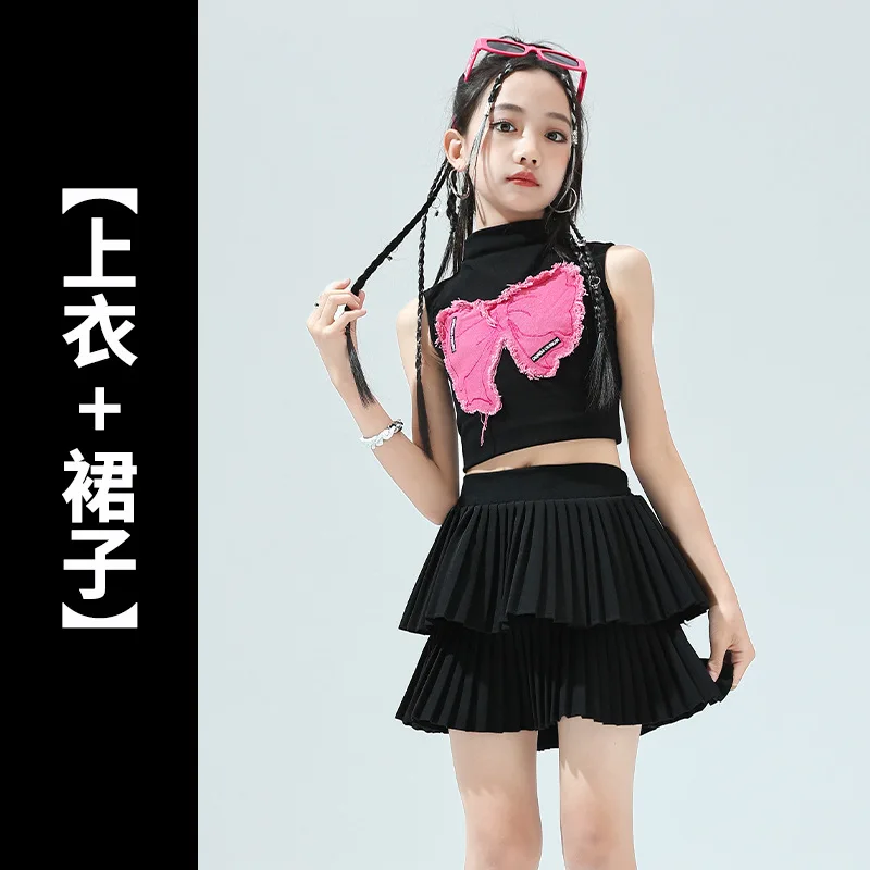 [5-17 Years Old] 2024 Girls Short Sleeve Crop Top Short Skirt Set Girls Modern Dance Jazz Dance Hip Hop Performance Costumes