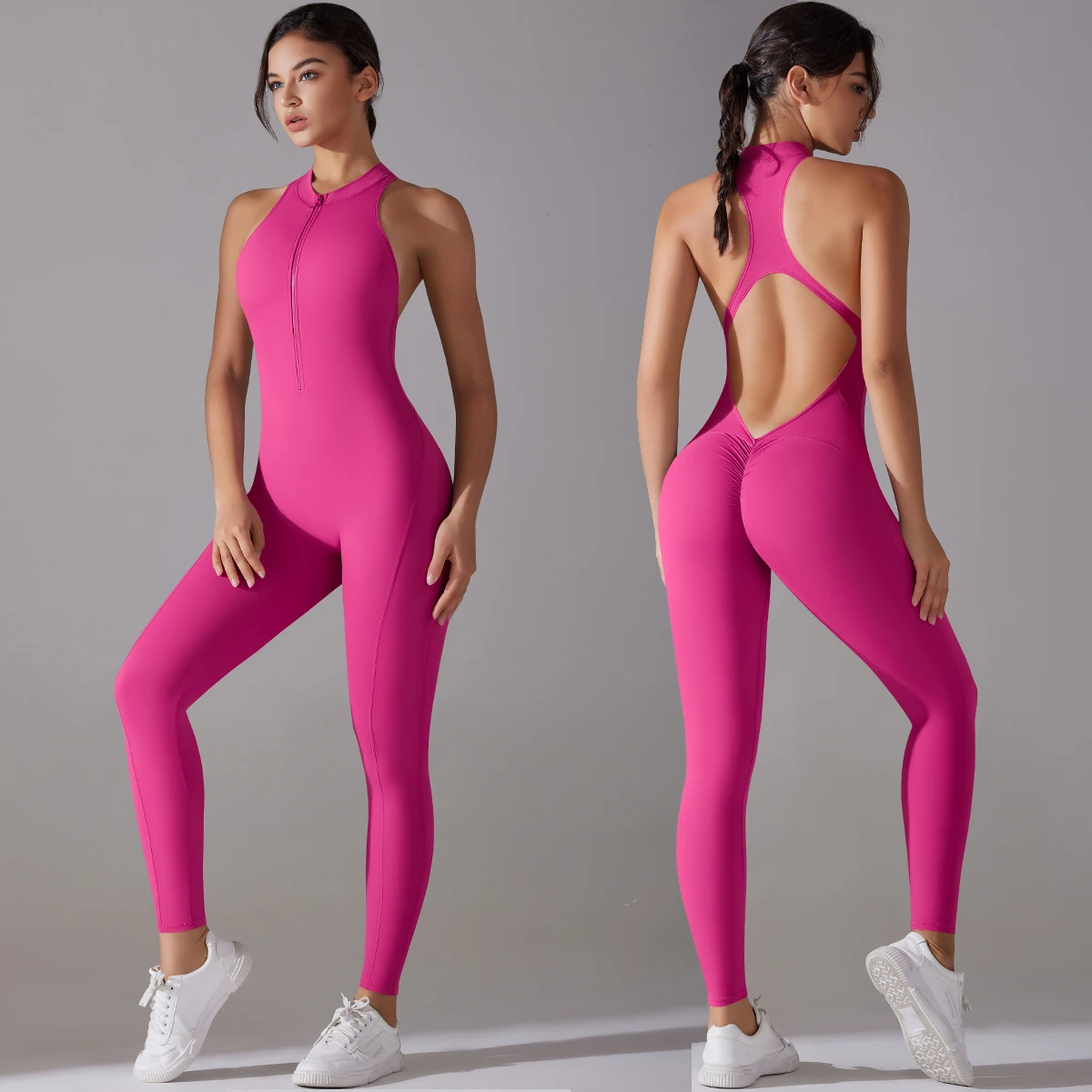 

Women's Sleeveless Zip-Up Yoga Jumpsuit, High Neck Hollow Back Scrunch Butt Lifting Bodysuit for Gym, Workout & Fitness
