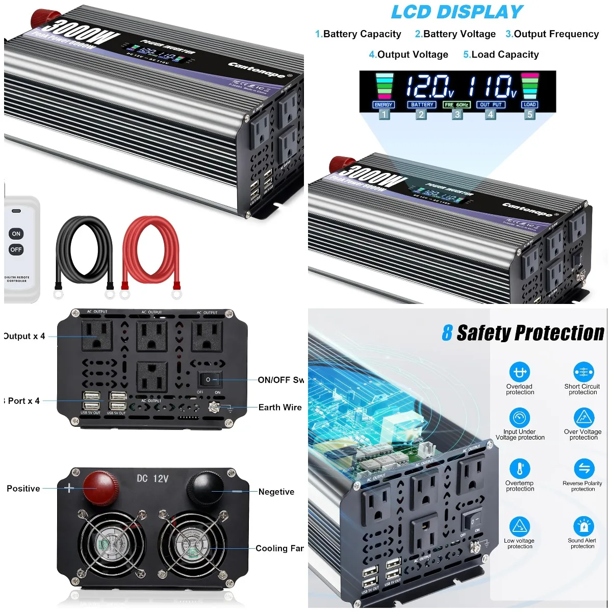 

3000W Inverter 12V to 110V/120V DC to AC with LCD, Remote & 4 AC Outlets for Car, Boat, RV