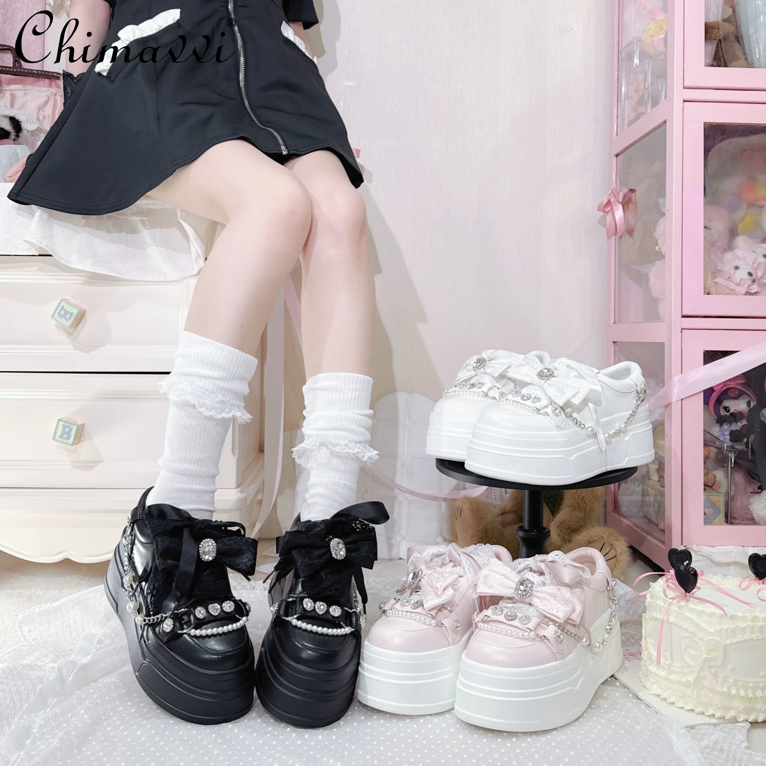 

Original Japanese Mass-produced Platform Shoes 2025 New Mine Deep-mouth Sports Shoes Women's Shoes Sweet Bow Diamond Pumps