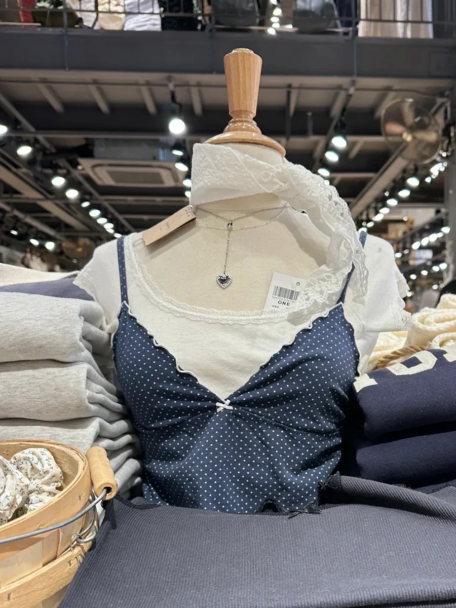 Navy Polka Dot Tank Top Women Summer New Fungus Bow Sexy V Neck Sleeveless Cotton Cropped Vest Sweet Preppy Style Crop Top Camis