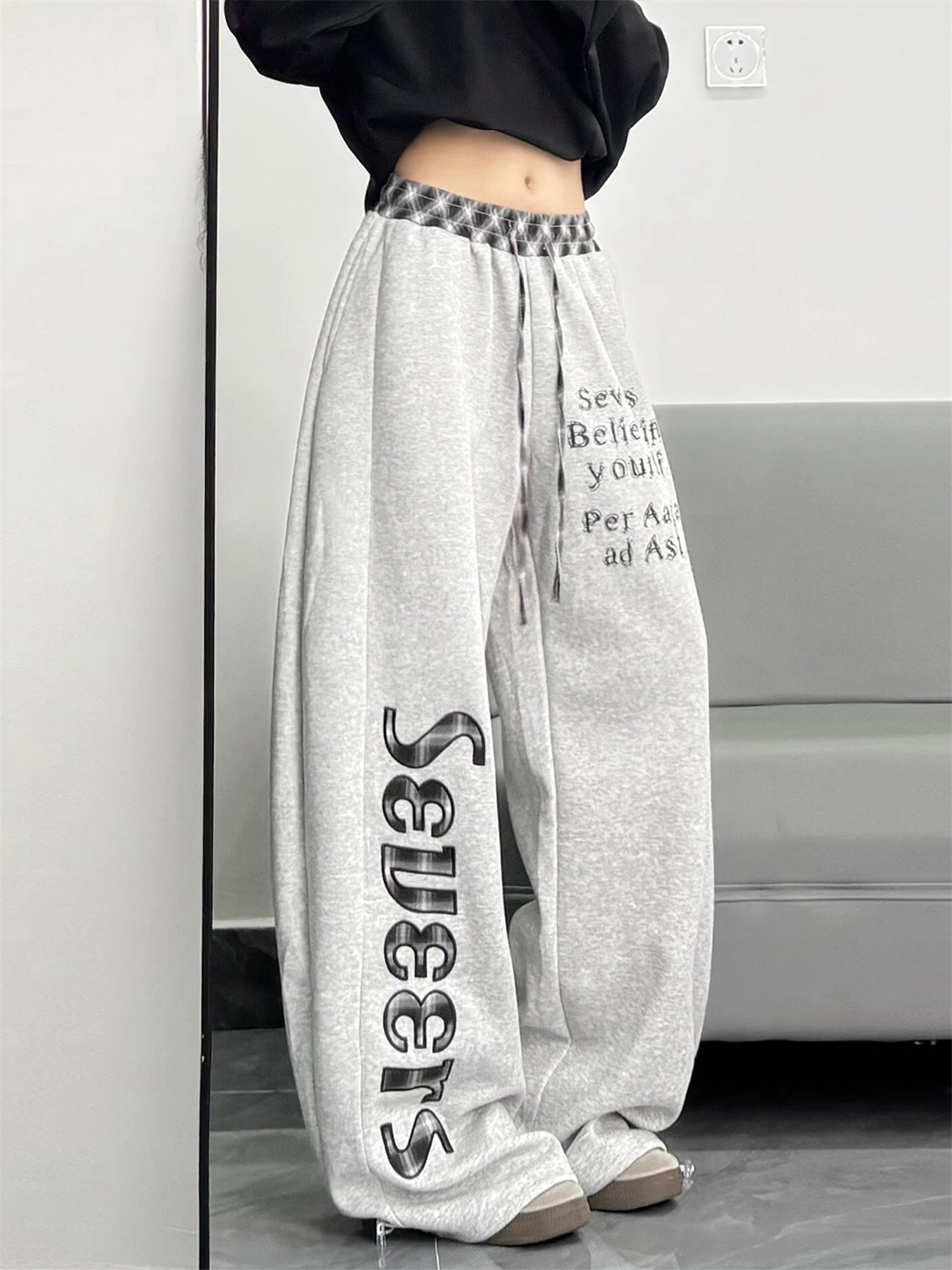 Y2K Women's New Style Sweatpants Plaid Waist Drawstring Letter Print Seveers Graphic Baggy Wide Leg Casual Streetwear Trousers